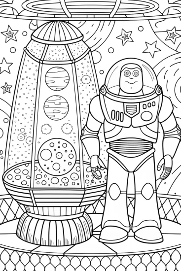 A coloring page of Buzz Lightyear finds a time capsule