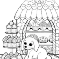 Puppy in a whimsical bakery