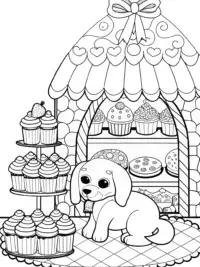Puppy in a whimsical bakery