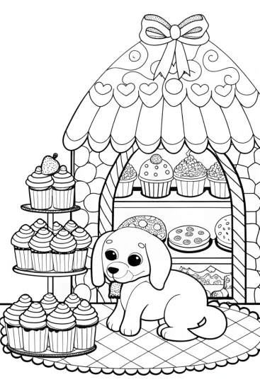 A coloring page of Puppy in a whimsical bakery
