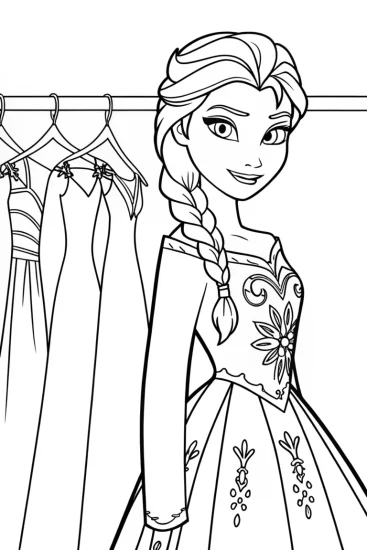 A coloring page of Elsa’s winter wardrobe showcase
