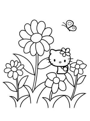 Hello Kitty in a flower garden coloring pages