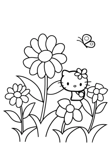 A coloring page of Hello Kitty in a flower garden