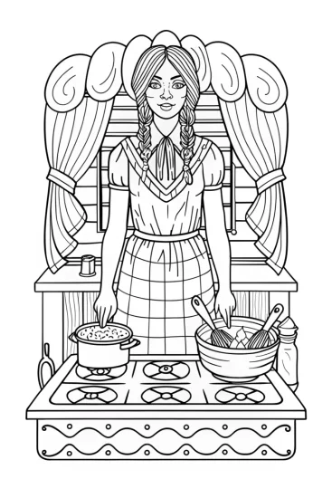 A coloring page of Wednesday Addams cooking contest