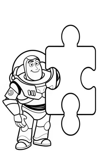 A coloring page of Buzz Lightyear solving a puzzle