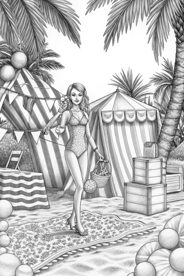 A coloring page of Barbie at the beach art festival