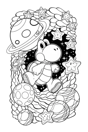 A coloring page of Yoshi’s treasure hunt in space