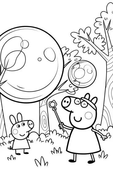 A coloring page of Peppa Pig’s enchanted bubble adventure