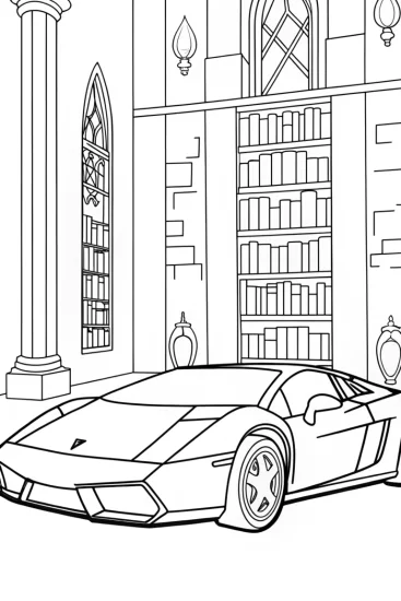A coloring page of Lamborghini in the enchanted library