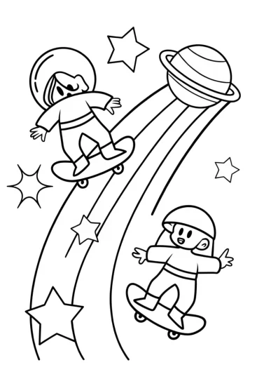 A coloring page of Rainbow High skateboarding in space