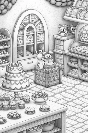 A coloring page of Bluey and Bingo’s bakery adventure