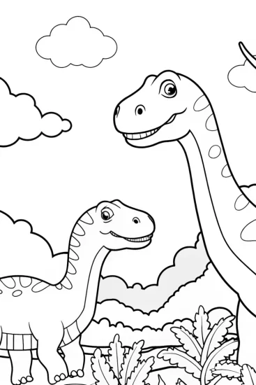 A coloring page of Dinosaurs painting clouds