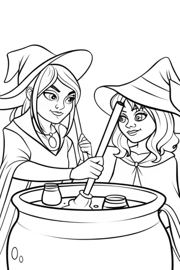 A coloring page of Witches potion duel