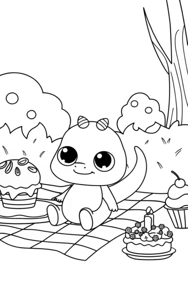 A coloring page of Axolotl’s enchanted picnic