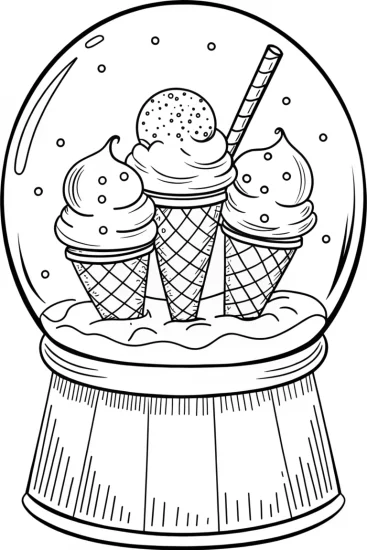 A coloring page of Ice cream cones in a snow globe
