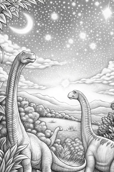 A coloring page of Dinosaurs observing the stars