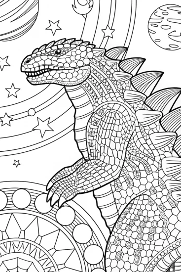 A coloring page of Godzilla racing in space
