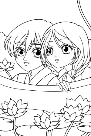 Anime friends in a floating garden coloring pages
