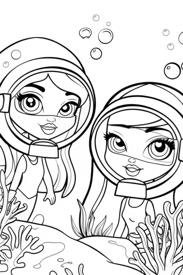 A coloring page of Bratz dolls underwater adventure