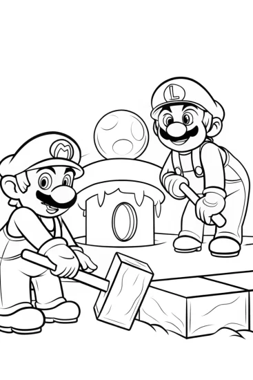 A coloring page of Mario and Luigi ice sculpting contest