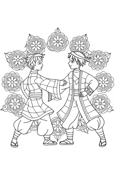 A coloring page of Demon Slayer and reformed demon tai chi