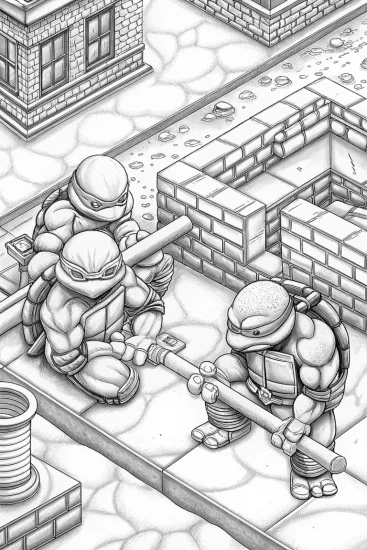 A coloring page of Ninja Turtles building a city