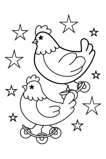 A coloring page of Chickens roller skating in space