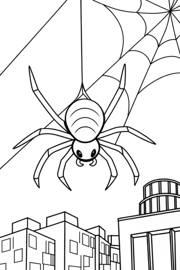 A coloring page of Spider painting a cityscape
