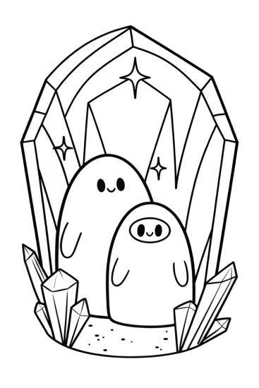 A coloring page of Rainbow Friends in the crystal cavern