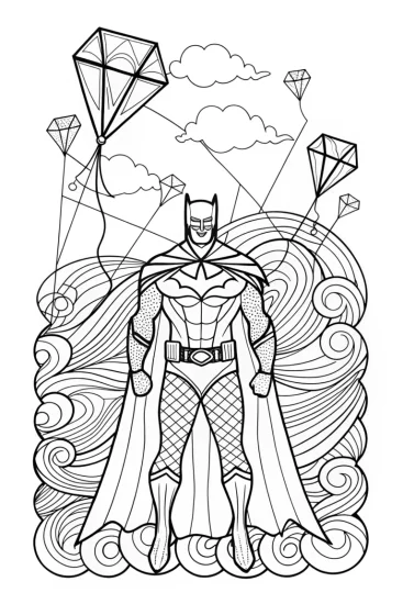 A coloring page of Batman at the kite festival