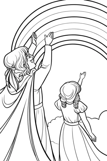 A coloring page of Dream Weavers creating a rainbow