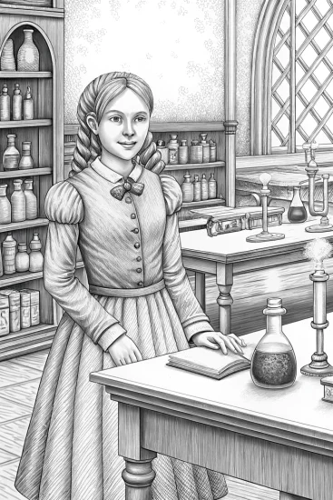 A coloring page of Wednesday Addams in a laboratory