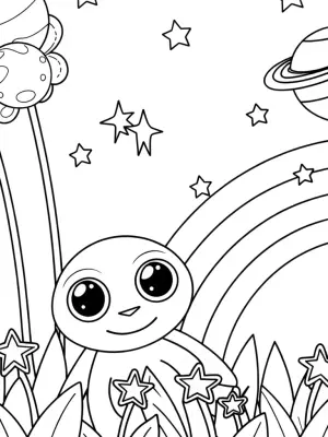Rainbow Friends in a cosmic garden coloring pages