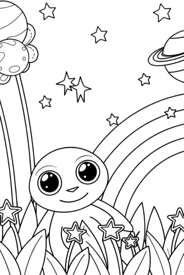A coloring page of Rainbow Friends in a cosmic garden