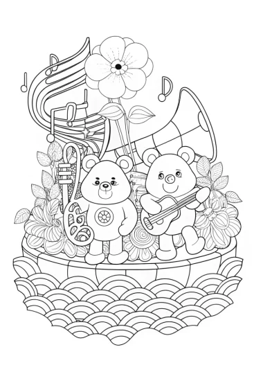 A coloring page of Care Bears musical journey