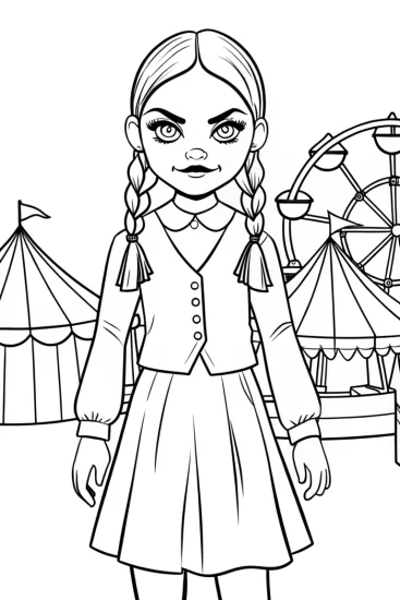 A coloring page of Wednesday Addams at the carnival