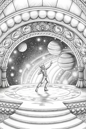 A coloring page of Venom dancing in a cosmic theater