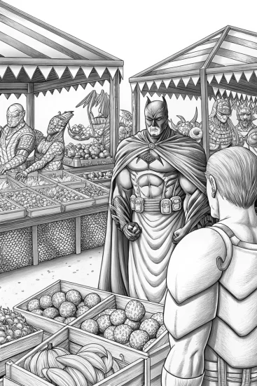 A coloring page of Batman at the alien market
