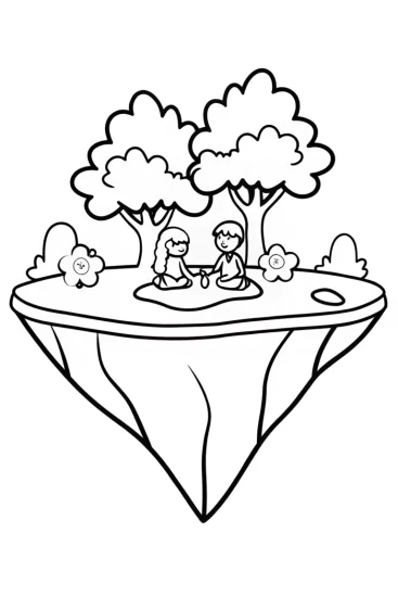 A coloring page of Barbie’s tea party on a floating island