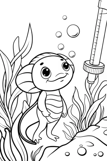 A coloring page of Axolotl at the underwater weather station