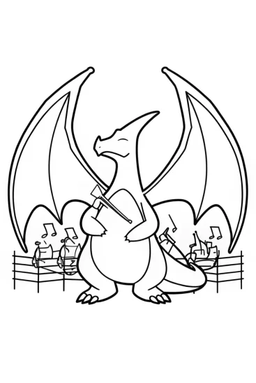 A coloring page of Charizard conducting an orchestra