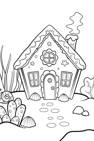 A coloring page of Gingerbread house underwater scene