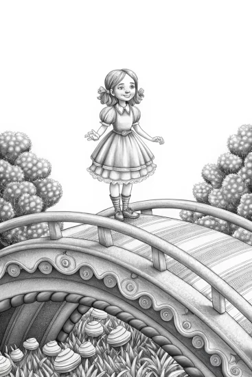 A coloring page of Cupcake Chic on a rainbow bridge