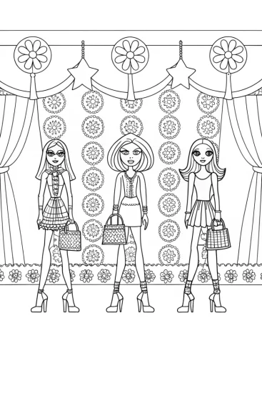 A coloring page of Bratz dolls at a fashion festival