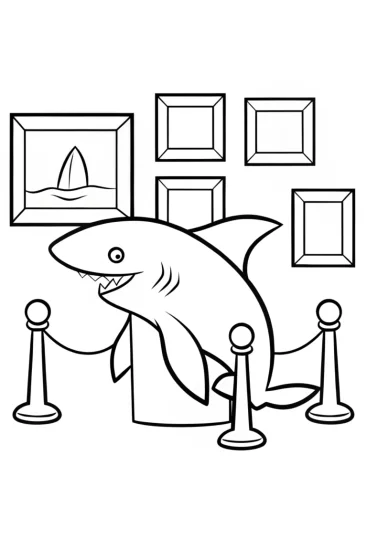 A coloring page of Shark hosting an art gallery