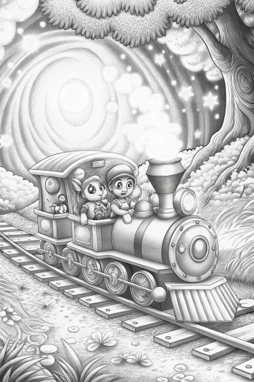A coloring page of Bluey and Bingo’s enchanted train ride
