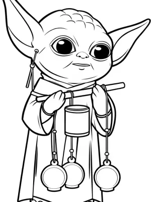 Baby Yoda crafting wind chimes coloring pages
