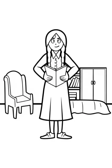 A coloring page of Wednesday Addams at the riddle contest