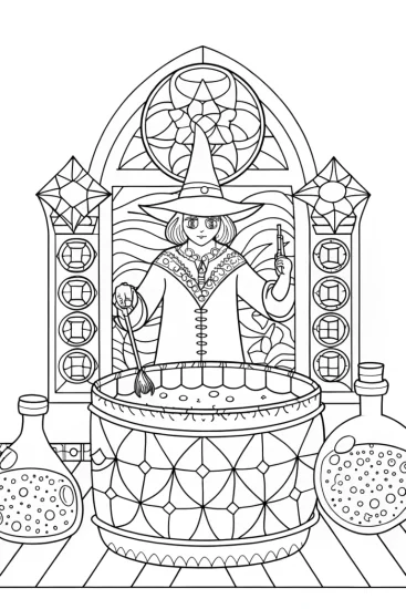 A coloring page of Wizard mixing love potions