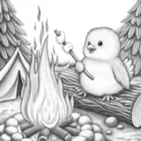 Chick roasting marshmallows by the fire